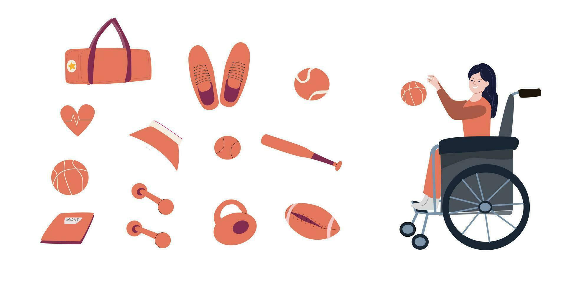 sport impostato e donna Disabilitato giocando con sfera. vettore illustrazione isolato. casa attività per Disabilitato le persone. piatto design. diverso attrezzatura di sport.