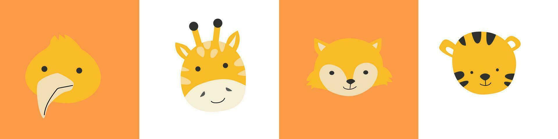 tropicale e foresta carino semplice animale facce sfondi. vettore illustrazione con semplice scandinavo ritratti di bambino animali - uccello kiwi, giraffa, Volpe, tigre. può uso per asilo design.