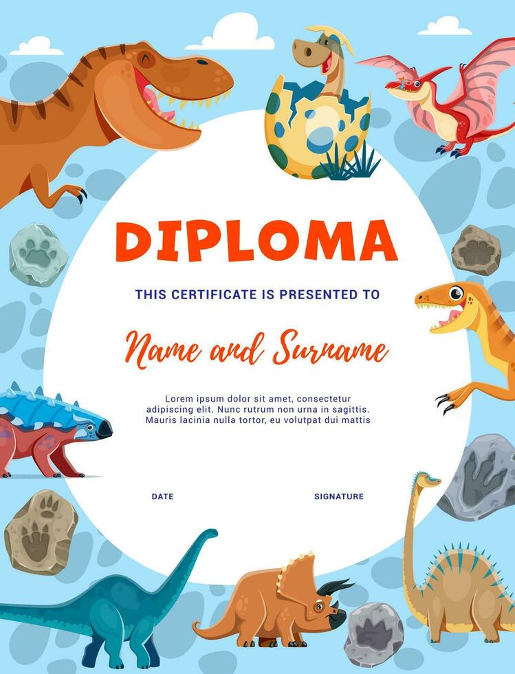 bambini diploma, cartone animato dinosauro personaggi, fossile vettore