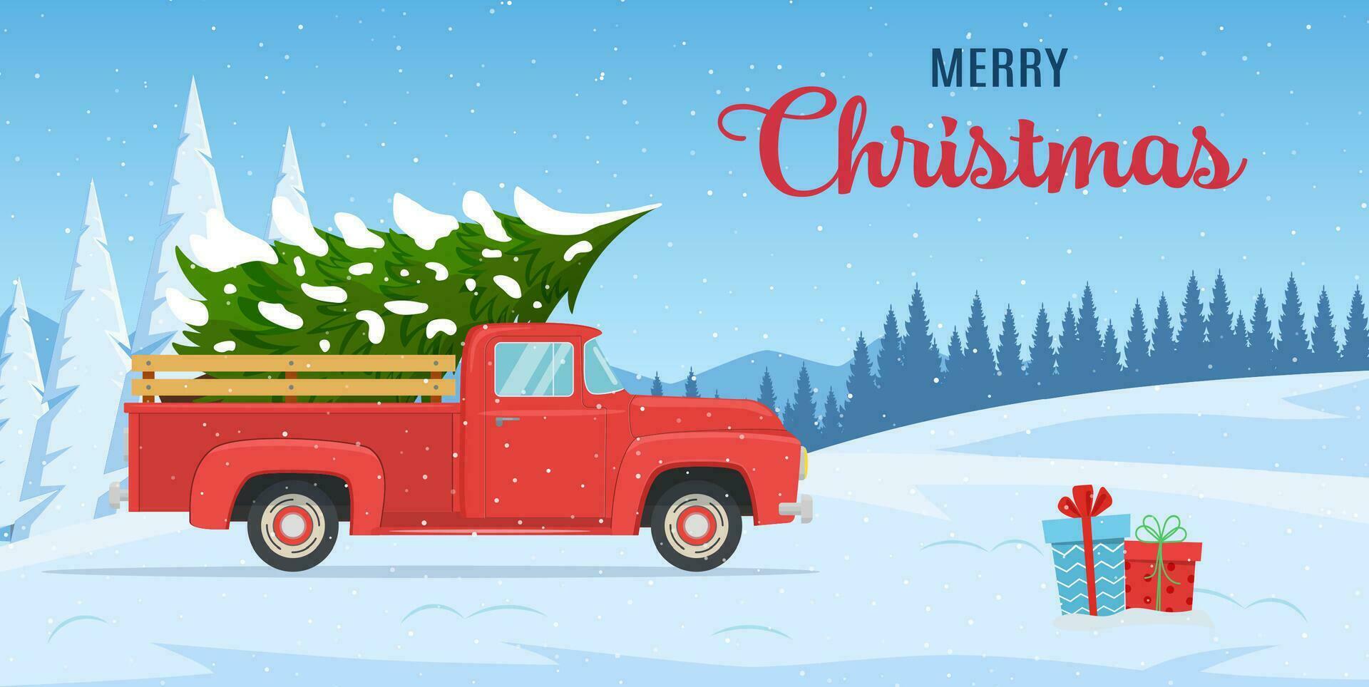 cartone animato Natale e nuovo anno saluto card.natale carta o manifesto design con retrò rosso Raccogliere camion con Natale albero su tavola. vettore illustrazione nel piatto stile