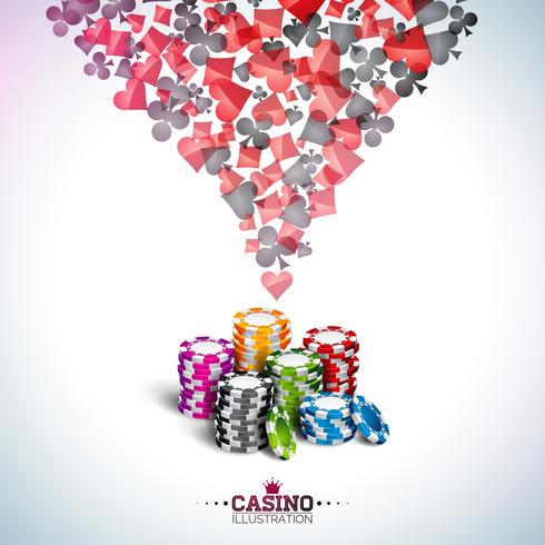 Vector l&#39;illustrazione su un tema del casinò con le carte della mazza e giocando i chip su fondo bianco. Progettazione di giochi d&#39;azzardo per invito o banner promozionale.