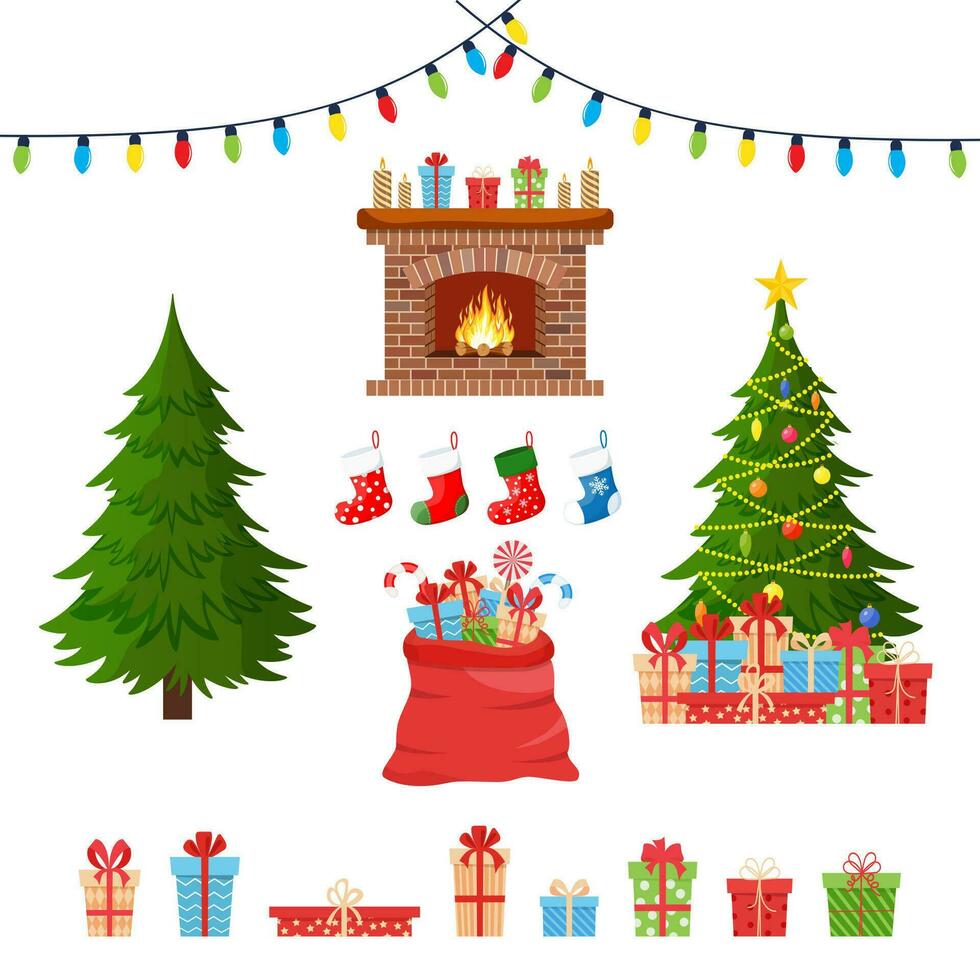 Natale saluti decorativo impostato con natale oggetti - abete albero, regalo scatole, palle, ghirlande, calzini isolato su bianca sfondo. vettore illustrazione nel piatto stile