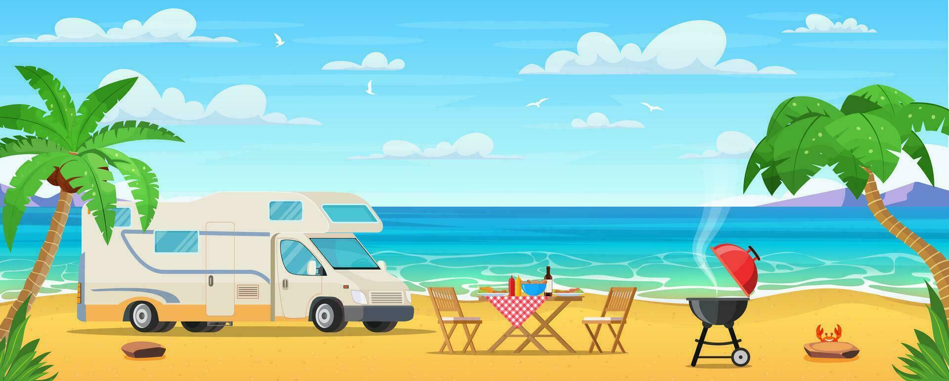 estate campo su tropicale spiaggia con furgone, tavolo sdraio. paesaggio marino, vacanza striscione. estate su il spiaggia. cartone animato palme e impianti intorno a. vettore illustrazione nel piatto stile