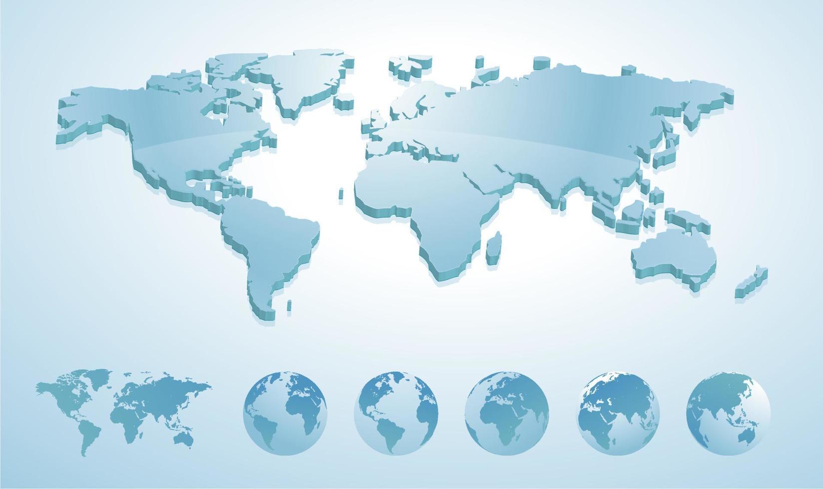 Illustrazione della mappa del mondo 3D con globi di terra che mostrano tutti i continenti vettore