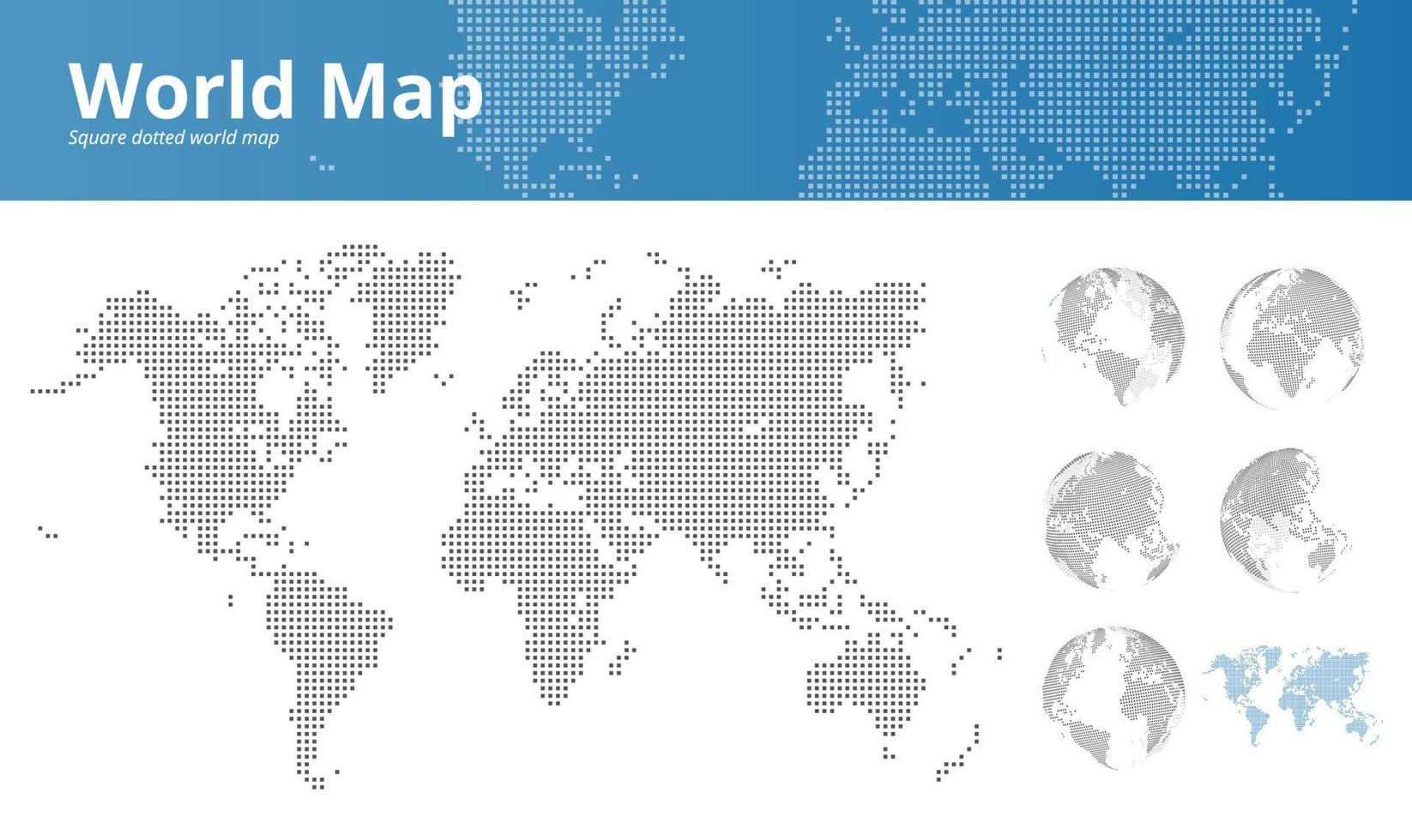 mappa del mondo tratteggiata quadrata e globi terrestri che mostrano tutti i continenti vettore