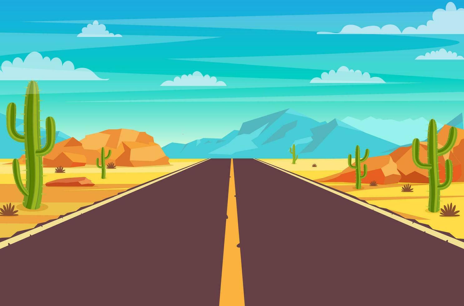 vuoto autostrada strada nel deserto. sabbioso deserto paesaggio con strada, rocce e cactus. estate occidentale americano paesaggio. autostrada nel Arizona o Messico caldo sabbia. vettore illustrazione nel piatto stile