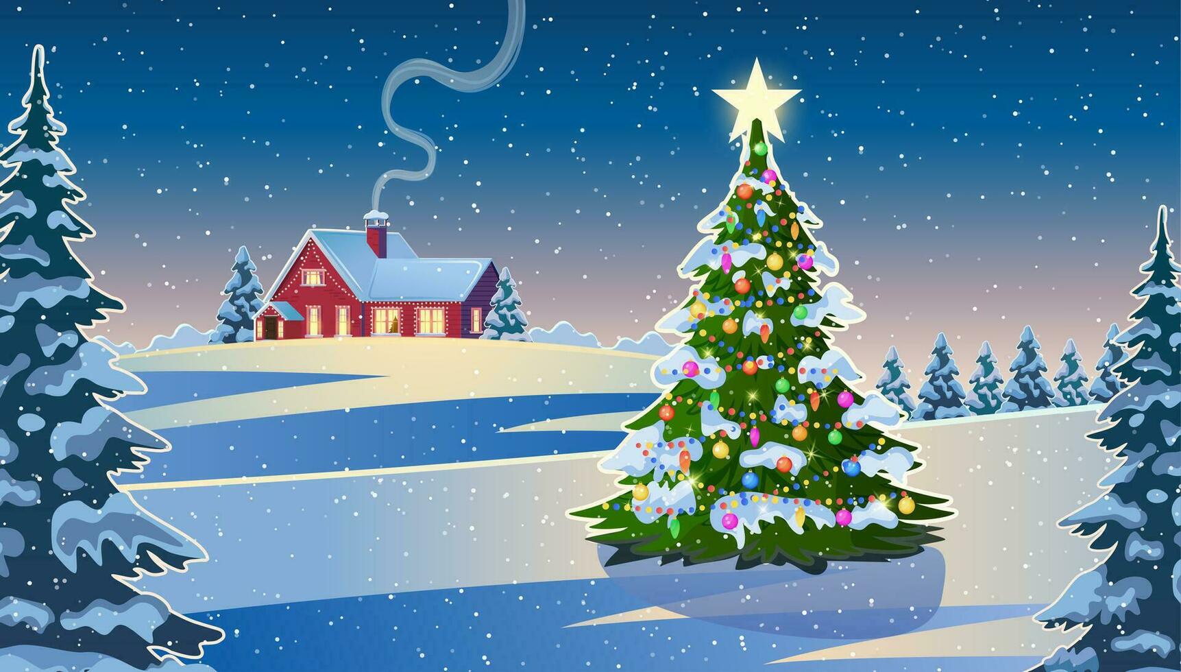 inverno neve paesaggio e case con Natale albero. concetto per saluto o postale carta. inverno neve paesaggio e case con i fiocchi di neve caduta a partire dal cielo. vettore illustrazione.