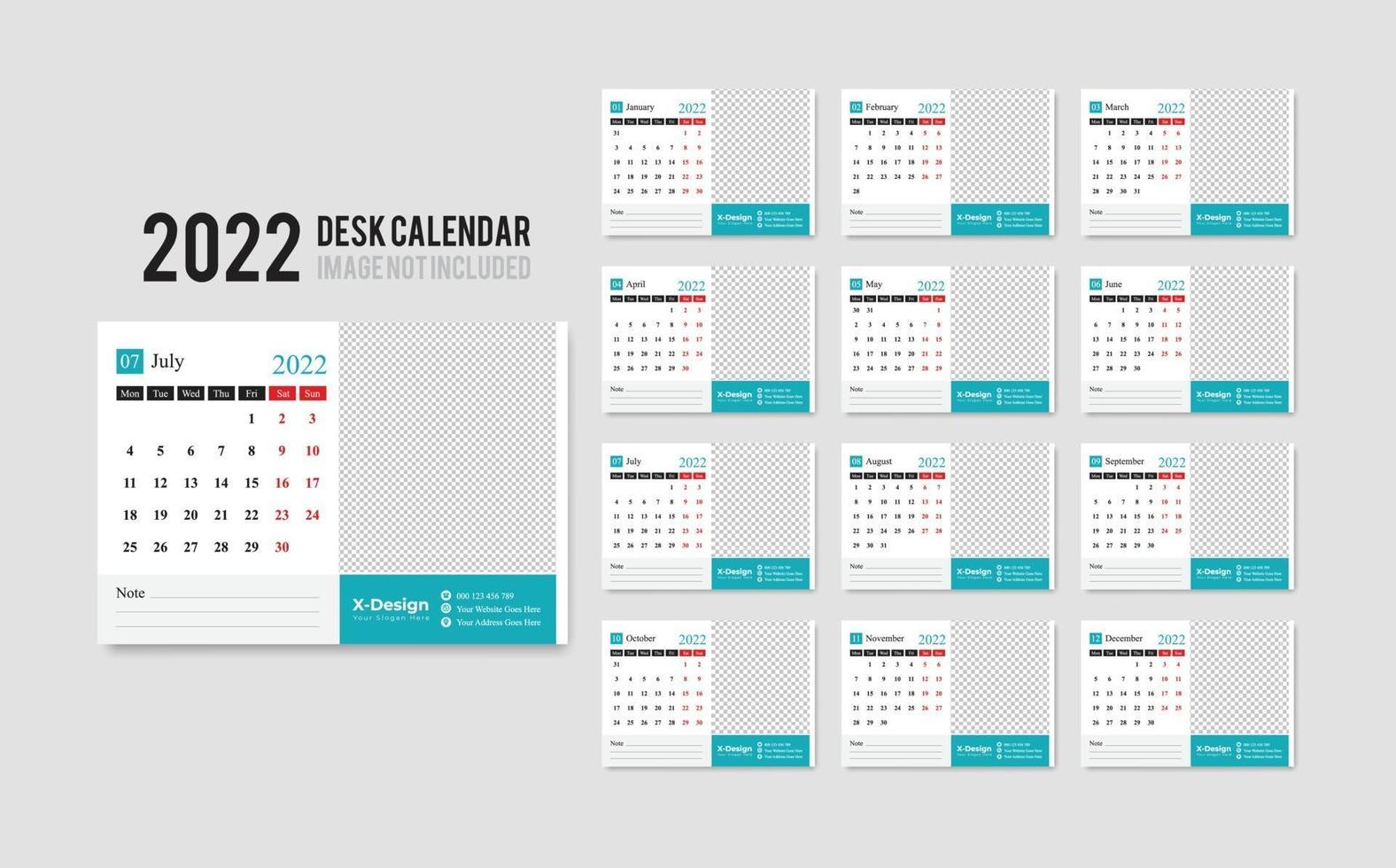 modello di calendario da tavolo pronto per la stampa per l'anno 2022, calendario da ufficio mensile desktop 2022 la settimana inizia il lunedì, pianificatore annuale vettore