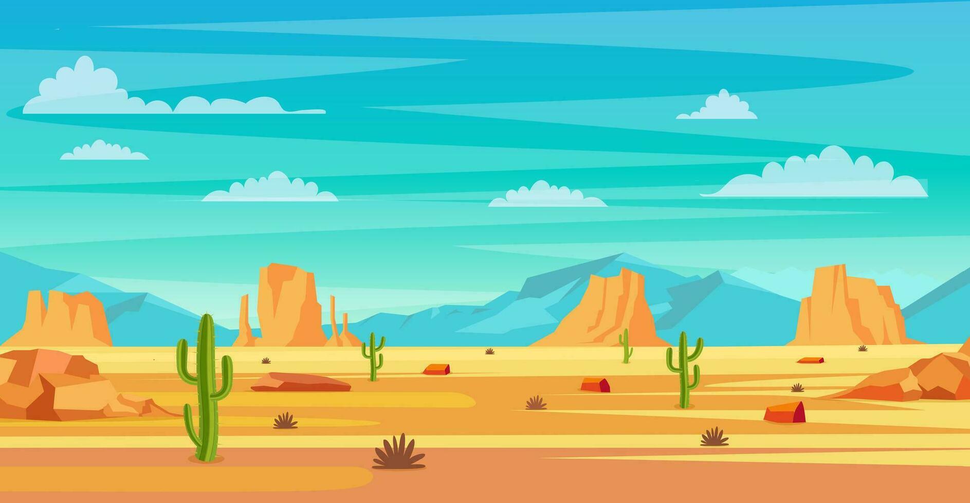 deserto paesaggio. cactus impianti e rocce su il sabbie. naturale sfondo. paesaggio Arizona o Messico caldo sabbia. vettore illustrazione nel piatto stile