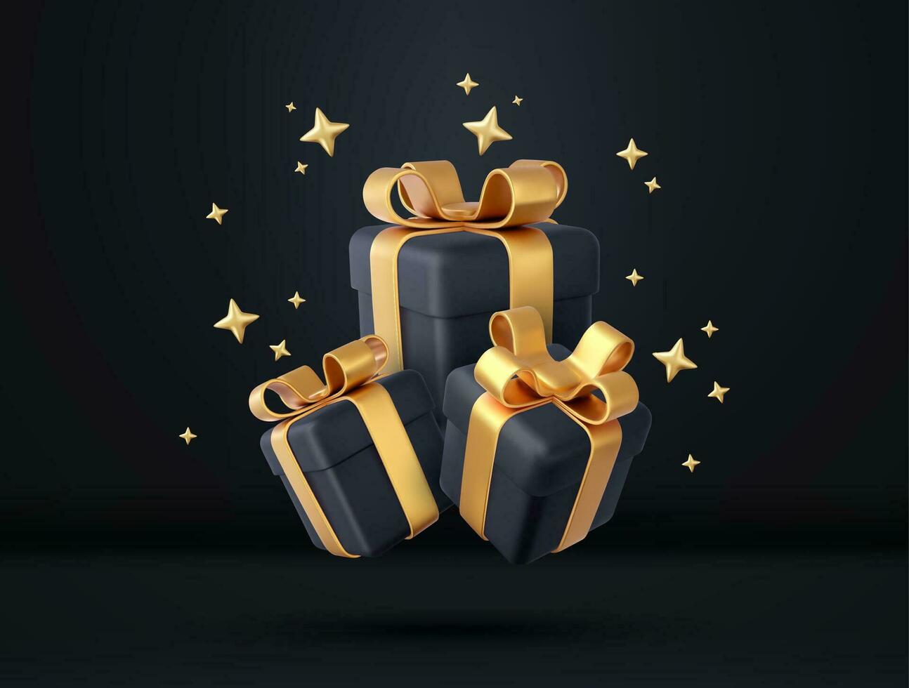 3d nero regalo scatole con d'oro nastro e arco. compleanno celebrazione concetto. allegro nuovo anno e allegro Natale nero regalo scatole con d'oro archi. 3d resa. vettore illustrazione