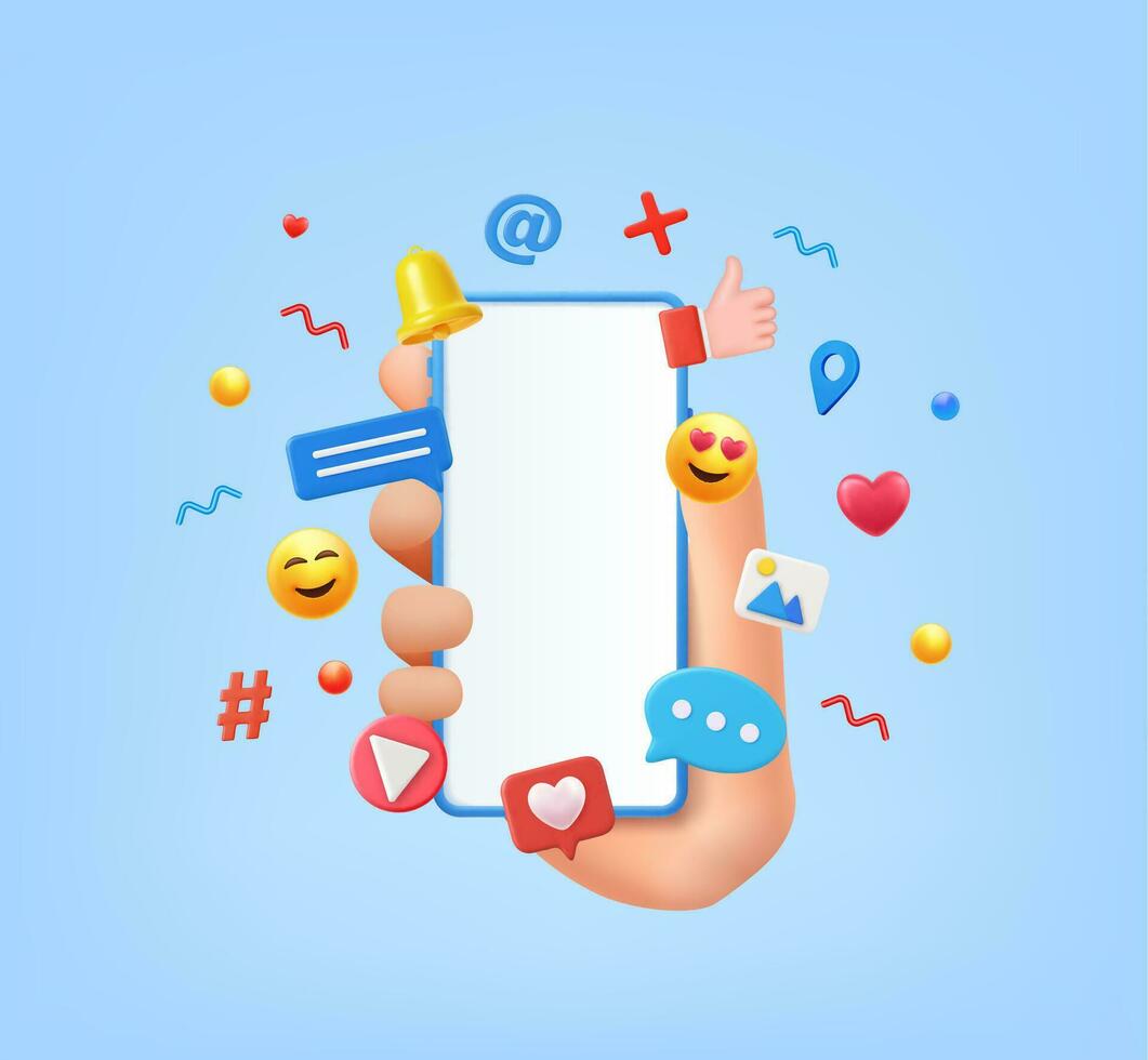 3d in linea sociale media comunicazione concetto. Telefono con commento, video e foto galleria e giocare icone. mano Tenere Telefono con emoji, commento, amore, piace e giocare icone. vettore illustrazione