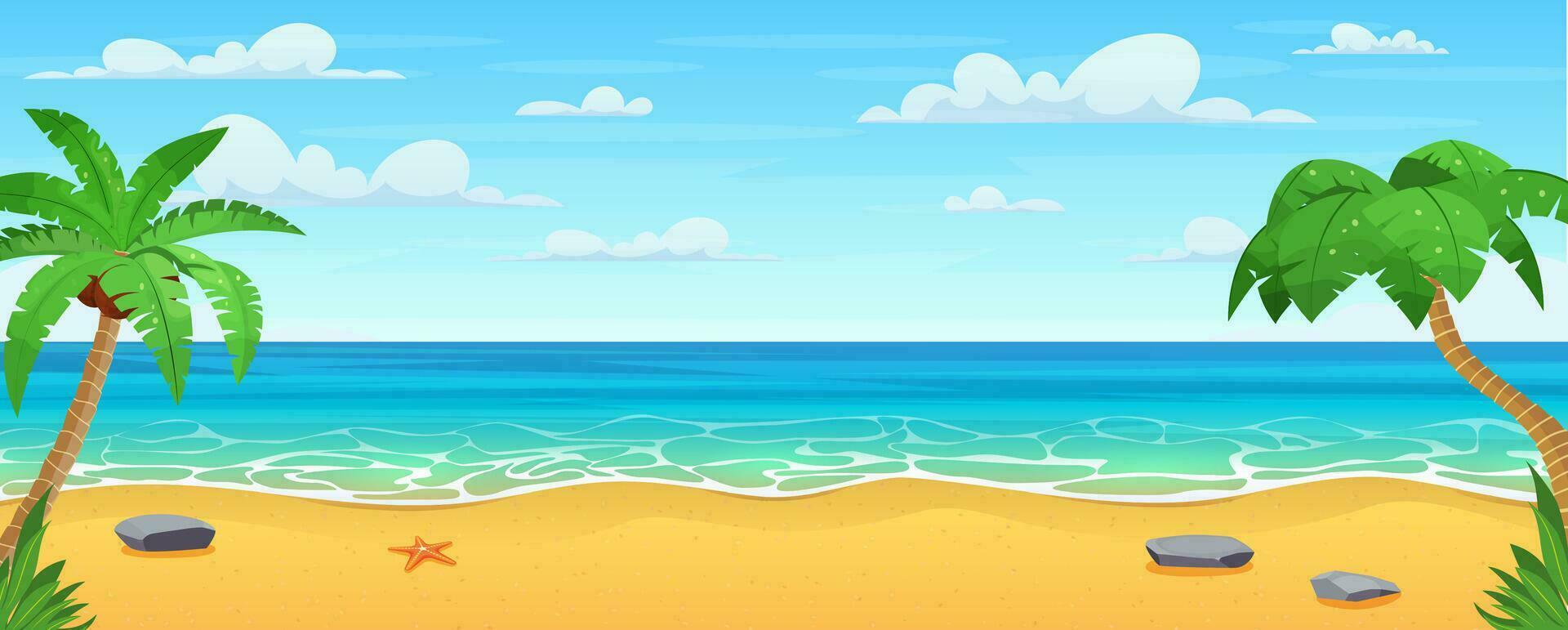 cartone animato estate spiaggia. Paradiso natura vacanza, oceano o mare spiaggia. mare spiaggia paesaggio. oceano Visualizza orizzontale panorama con palma alberi su il lati. vettore illustrazione nel piatto stile