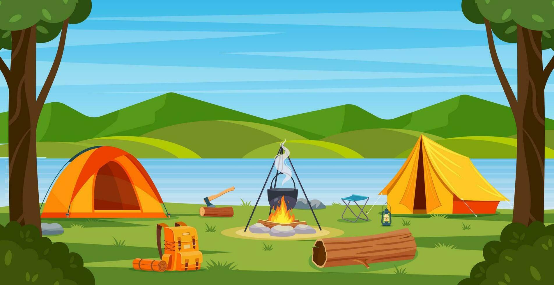 estate campo nel foresta con falò, tenda, zaino e lanterna. cartone animato paesaggio con montagna, foresta e campeggio. attrezzatura per viaggiare, escursionismo. vettore illustrazione nel piatto stile