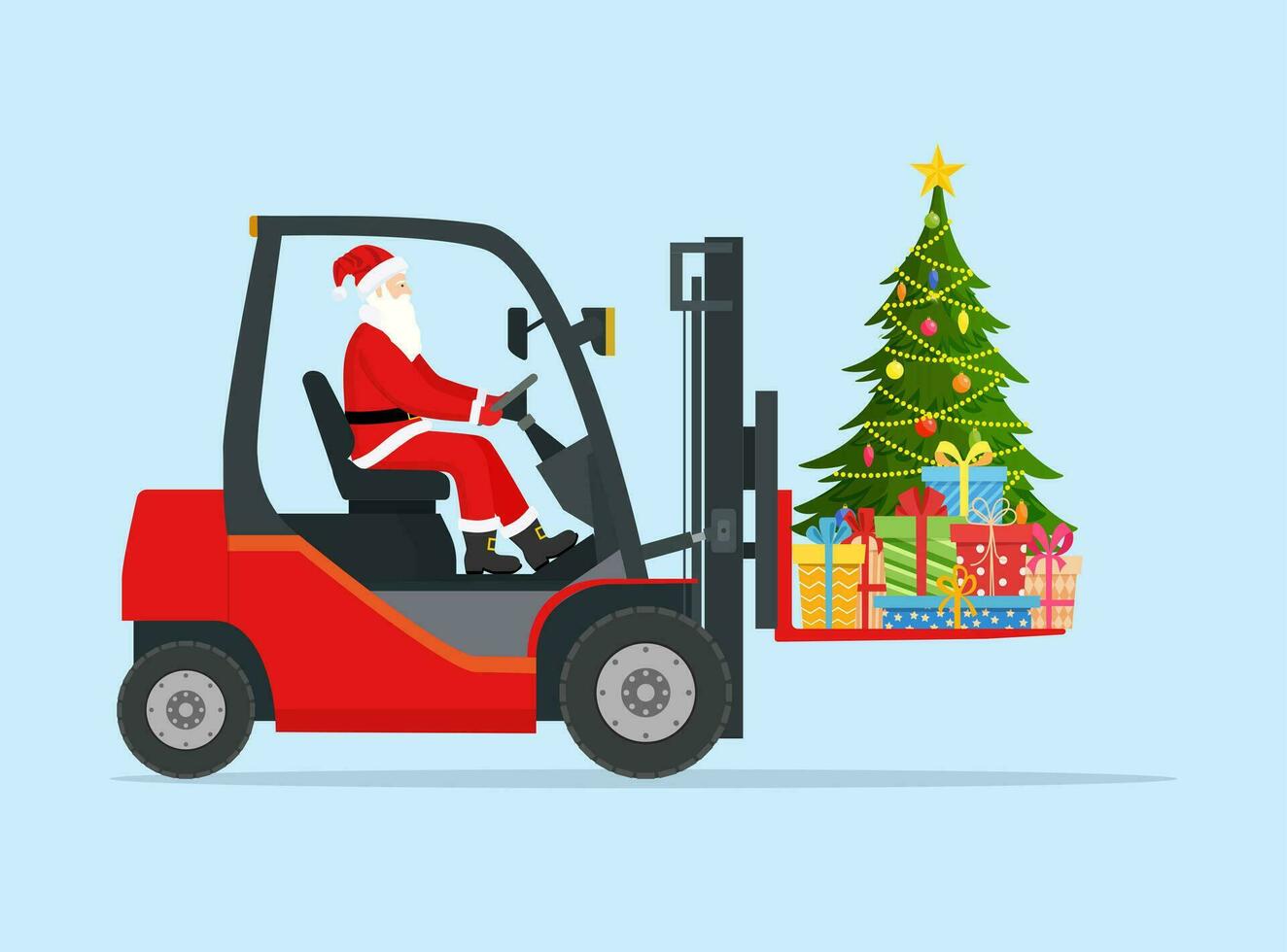 Santa Claus nel rosso carrello elevatore a forca caricato con Natale albero. Natale regali consegna e spedizione. allegro Natale vacanza. nuovo anno e natale. vettore illustrazione nel piatto stile