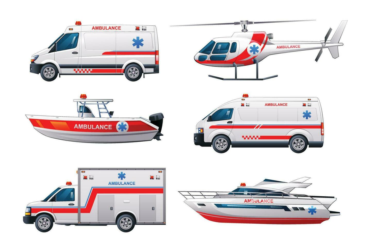 impostato di ambulanza emergenza veicoli. ufficiale emergenza servizio veicoli lato Visualizza vettore illustrazione
