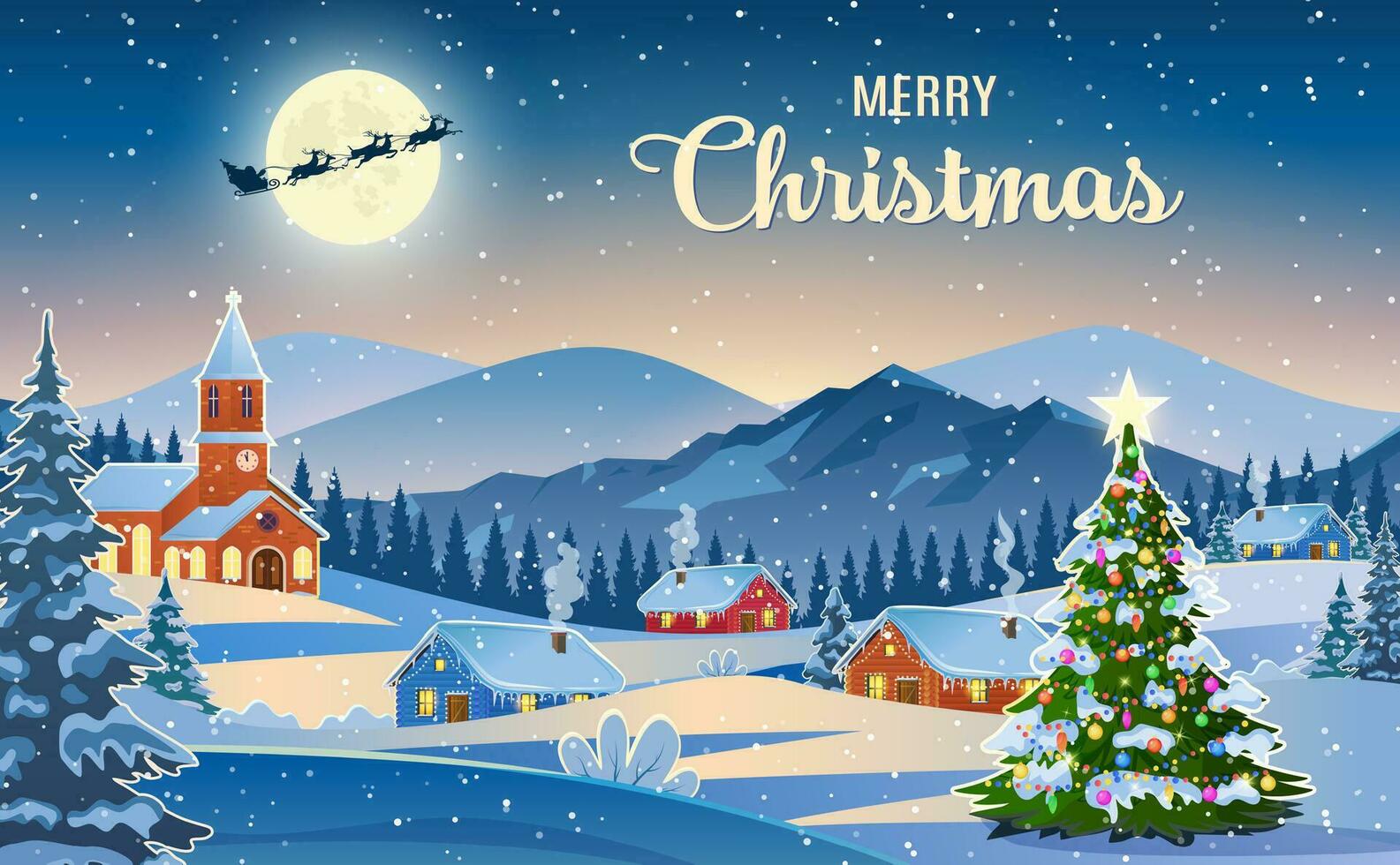 inverno neve paesaggio e case con Natale albero. concetto per saluto o postale carta. sfondo con Luna e il silhouette di Santa Claus volante su un' slitta. vettore illustrazione.