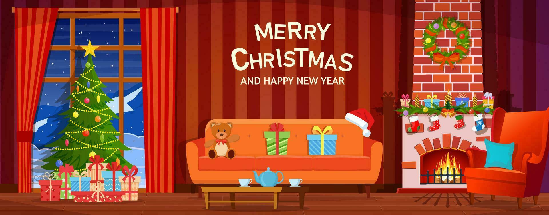 Natale interno di il vivente camera con un' Natale albero, i regali e un' il camino. contento nuovo anno decorazione. allegro Natale vacanza. vettore illustrazione