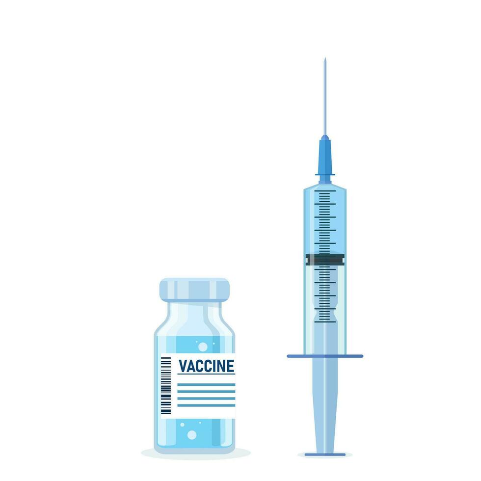 bottiglia e siringa con blu vaccino iniezione a partire dal covid-19 virus. covid-19 coronavirus concetto. siringa per iniezione e vaccino bottiglie. vettore illustrazione nel un' piatto stile
