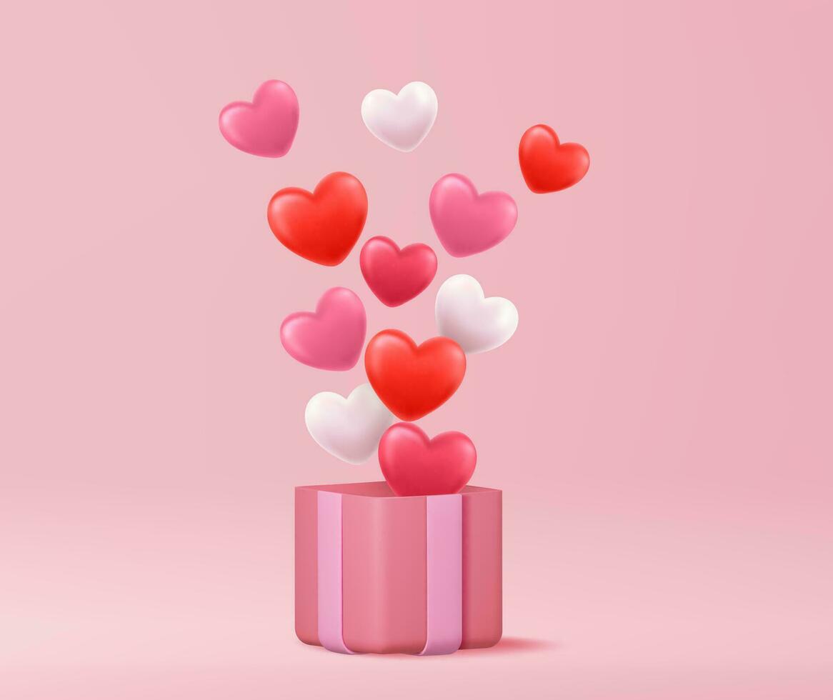 San Valentino S giorno concetto. 3d cuore caldo aria volante a partire dal Aperto regalo scatola su rosa sfondo. 3d resa. amore concetto per contento madre S giorno, San Valentino S giorno, compleanno giorno. vettore illustrazione