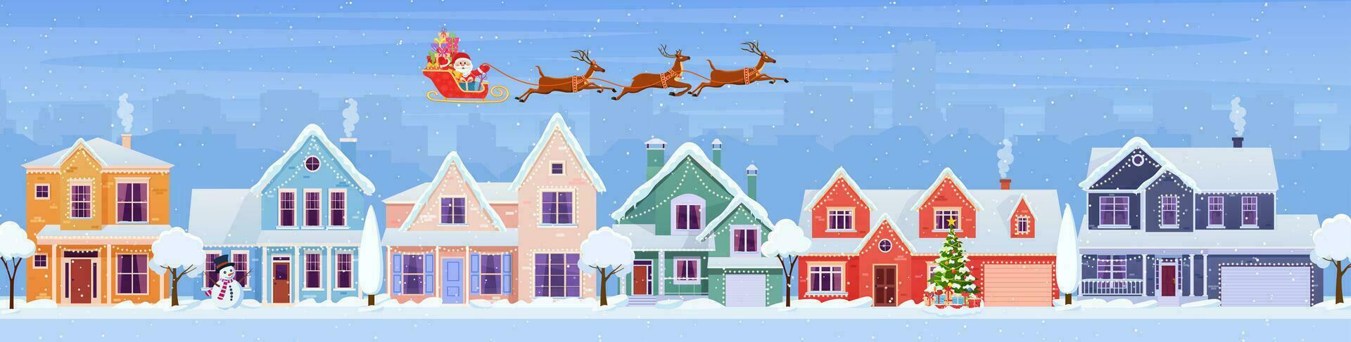 Residenziale case con Natale decorazione a giorno. cartone animato inverno paesaggio strada con neve su tetti e vacanza ghirlande, Natale albero, pupazzo di neve. Santa Claus con Cervi nel cielo vettore illustrazione