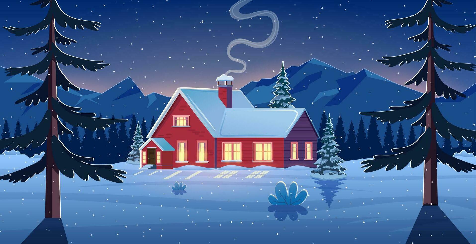 inverno neve paesaggio e case con i fiocchi di neve caduta a partire dal cielo. inverno tempo libero, Natale vacanza, nevoso colline e campi. inverno tempo libero, Natale vacanza. cartone animato vettore illustrazione