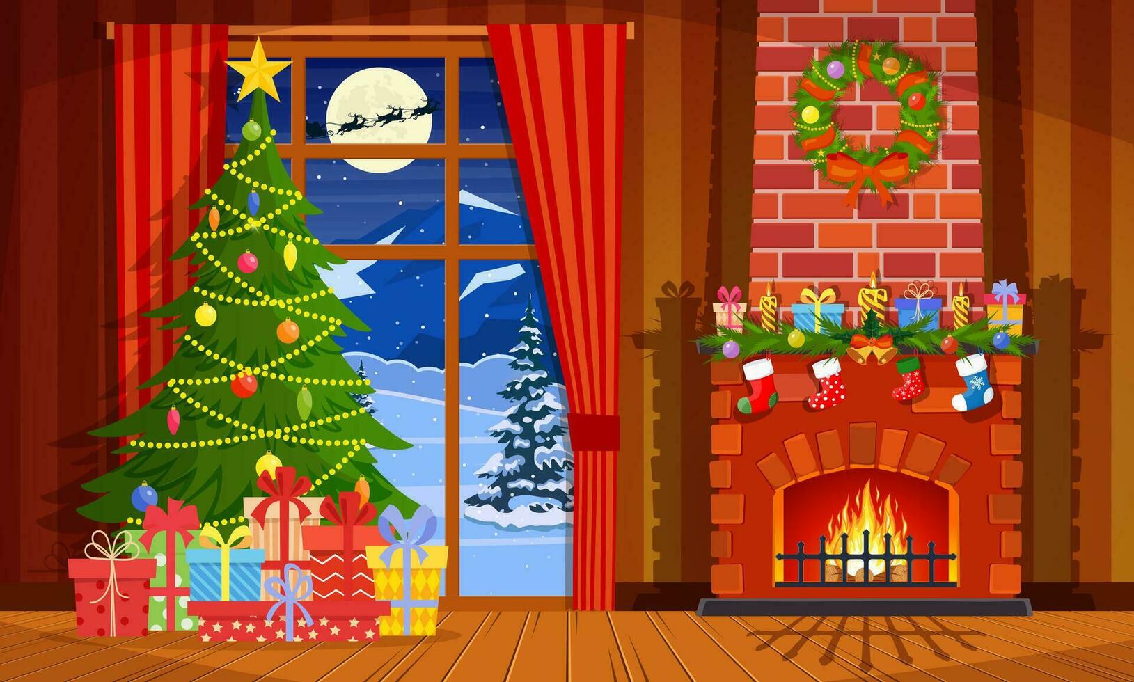 Natale interno di il vivente camera con un' Natale albero, i regali e un' il camino. vettore illustrazione