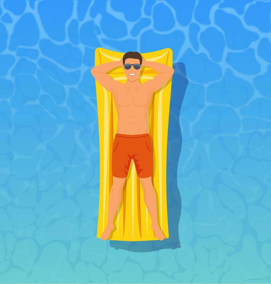 uomo prendere il sole superiore Visualizza. uomo nuoto su gonfiabile galleggia. il concetto di vacanza e viaggio. vettore illustrazione nel piatto stile