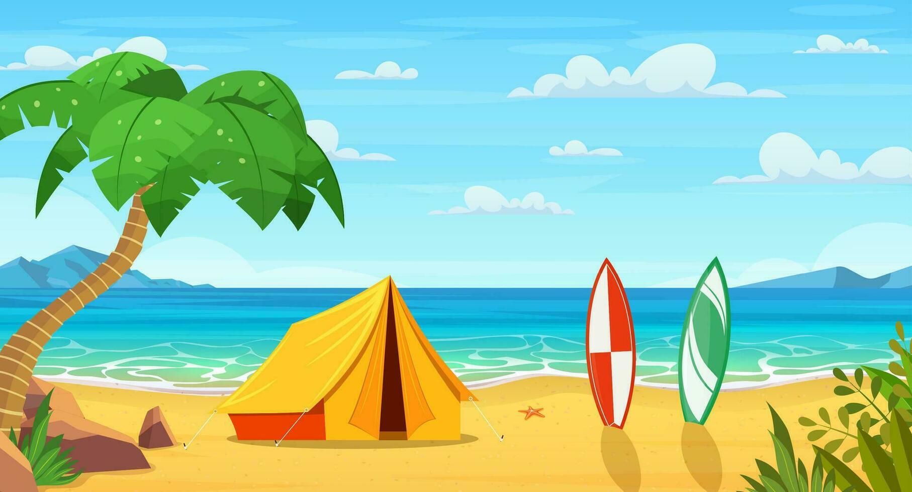 estate su il spiaggia. cartone animato turista tenda campeggio e tavole da surf su il tropicale spiaggia. estate vacanza su mare costa. vettore illustrazione nel piatto stile