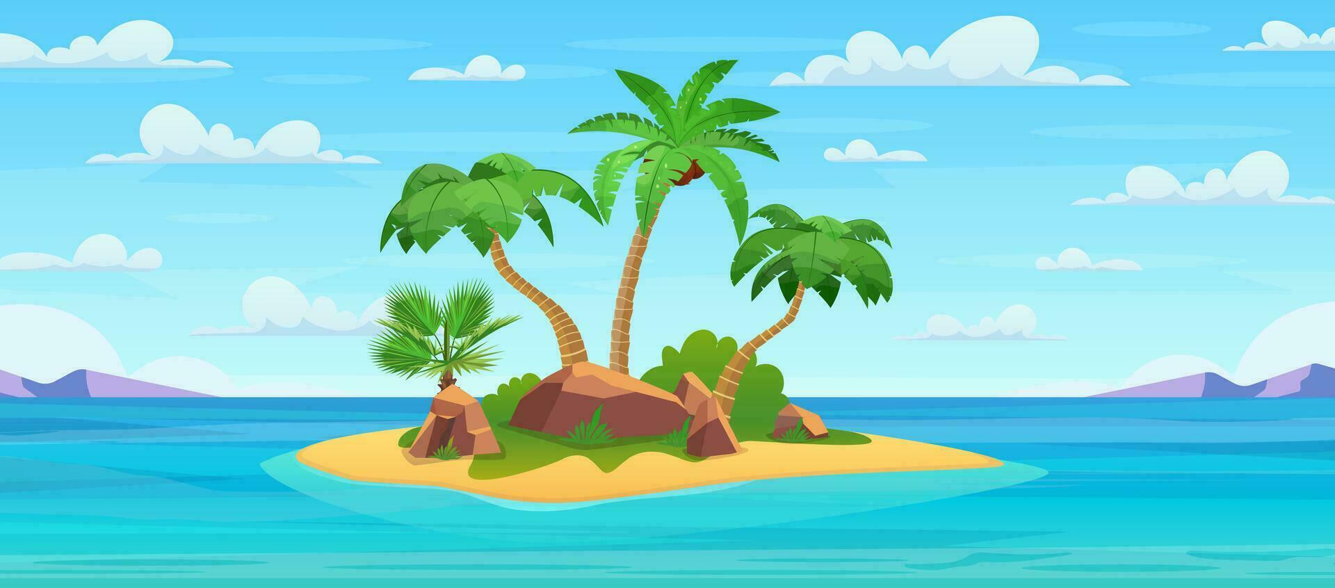 cartone animato tropicale isola con palma alberi. isola nel oceano, disabitata isola con spiaggia, rocce circondato con mare acqua e nuvoloso cielo sopra. tropicale paesaggio. vettore illustrazione nel piatto stile
