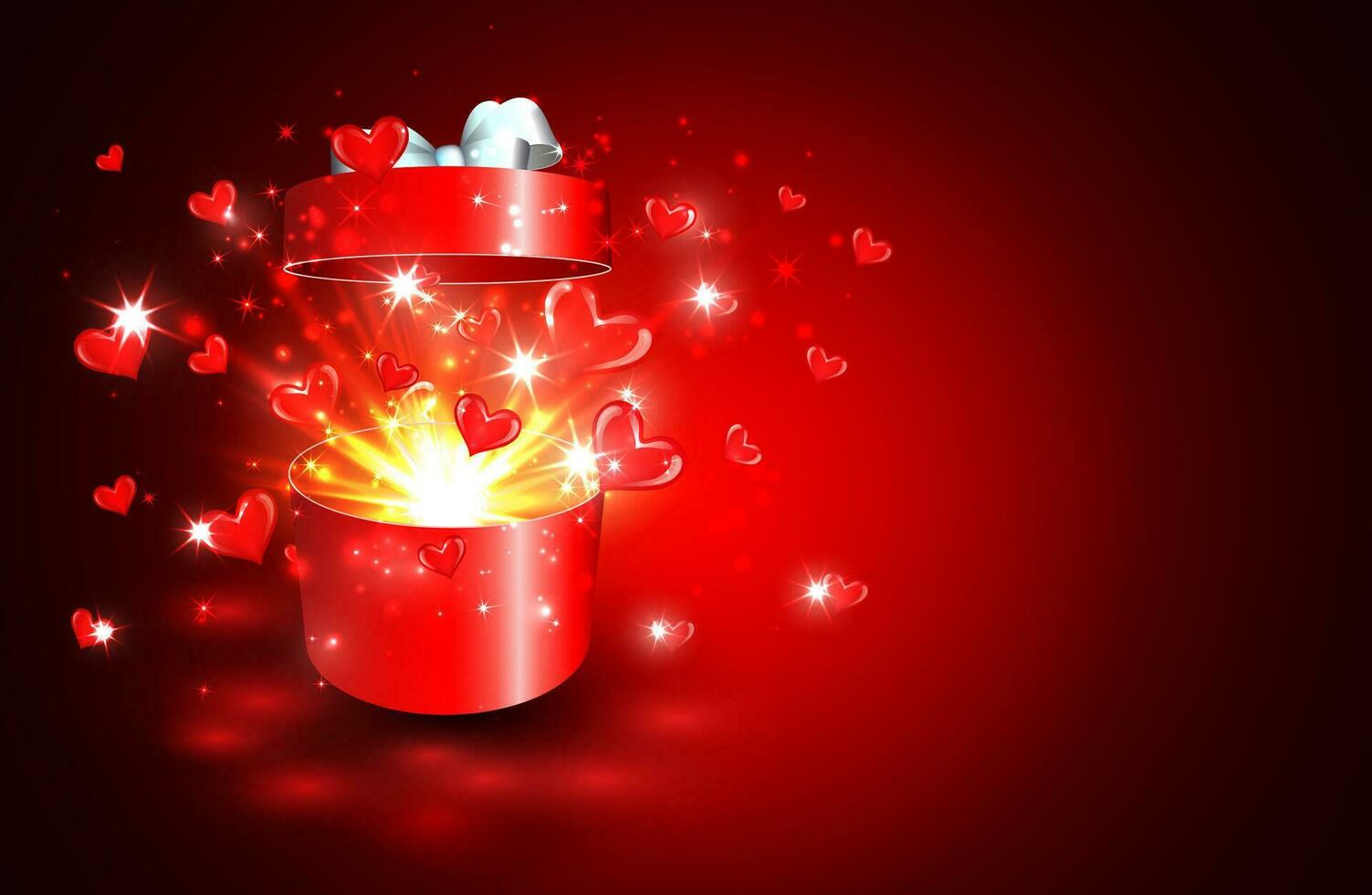 San Valentino sfondo, Aperto regalo scatola con sorpresa, cuore e Magia leggero fuochi d'artificio vettore