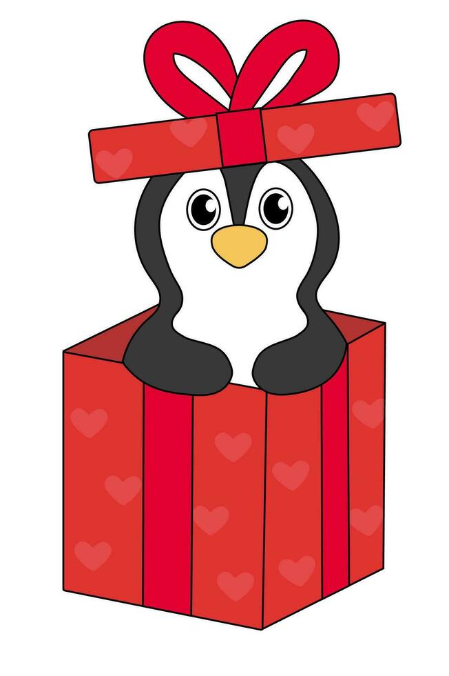 cartone animato San Valentino giorno pinguino carattere. carino pinguino nel regalo scatola. vettore piatto illustrazione.