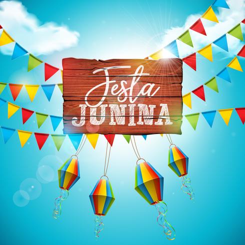 Illustrazione di Festa Junina con le bandiere del partito e lanterna di carta sul fondo blu del cielo nuvoloso. Vector Brasile giugno Festival Design per Greeting Card, Invito o Holiday Poster.