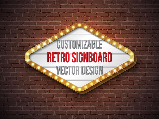 Vector la retro insegna o illustrazione del lightbox con progettazione personalizzabile sul fondo del muro di mattoni. Banner luminoso o cartellone luminoso vintage per la pubblicità o il tuo progetto