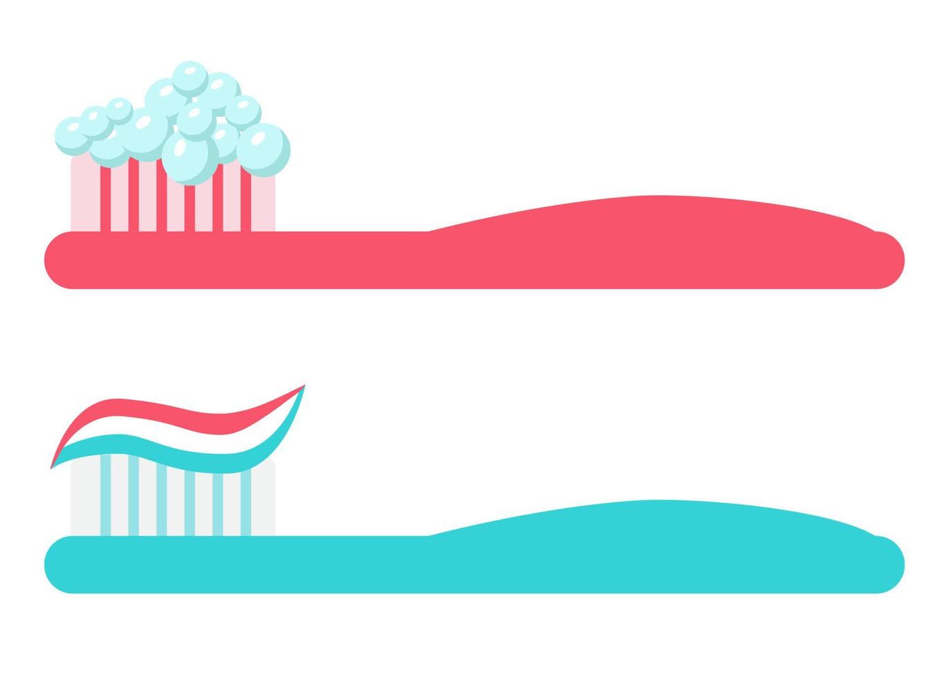 set di spazzolini da denti. pennellare con pasta e con schiuma. illustrazione vettoriale in stile piatto cartone animato. concetto di cura dentale e orale. igiene dei denti. stampa per libri, clinica di odontoiatria per bambini