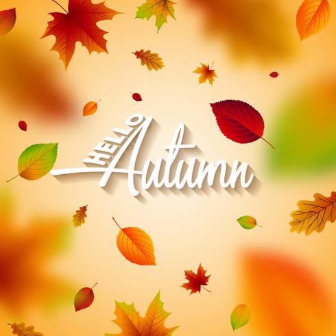 Illustrazione di autunno con foglie che cadono e scritte su sfondo chiaro. Disegno vettoriale autunnale per Greeting Card, Banner, Flyer, Invito, brochure o poster promozionale.