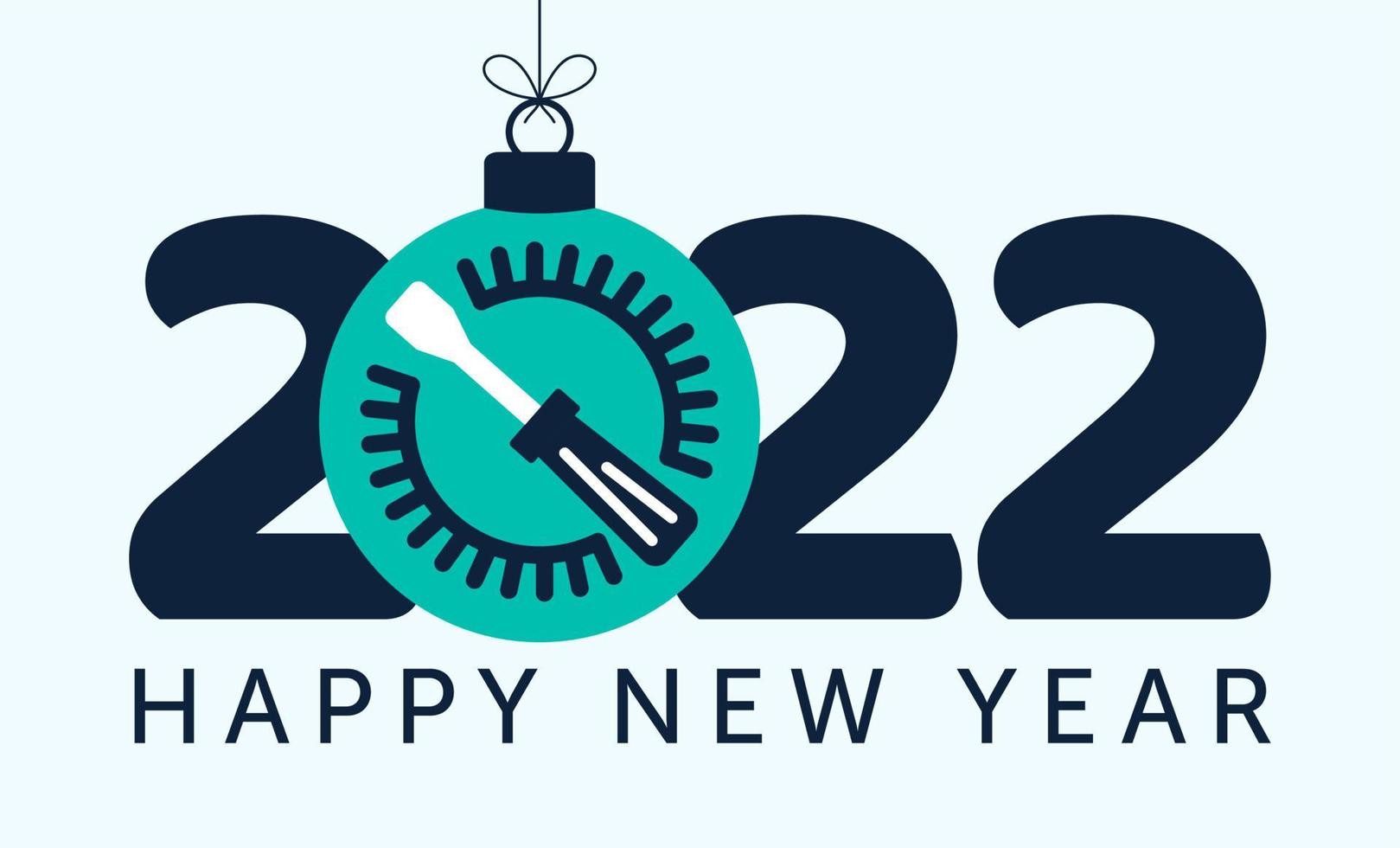 2022 felice anno nuovo. fissare il nuovo concetto dell'anno 2022 con l'ingranaggio del cacciavite nella palla di natale appendere a un filo su sfondo bianco. concetto di riparazione di illustrazione vettoriale