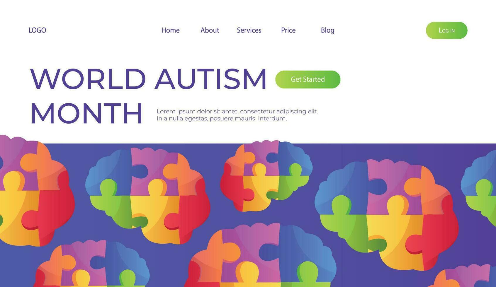 atterraggio pagina mondo autismo consapevolezza giorno con sega cervello puzzle pezzi. internazionale solidarietà, Aspergers giorno. Salute cura, mentale malattia. sociale media inviare per manifesto, striscione, coperchio, carta vettore