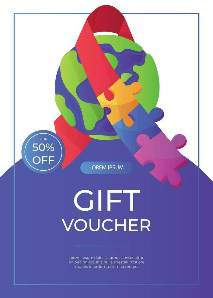 promo regalo voucher; tagliando mondo autismo consapevolezza giorno con pianeta nastro puzzle pezzi. internazionale solidarietà, Aspergers giorno. Salute cura, mentale malattia. sociale media inviare. a4 per manifesto, striscione, copertina vettore