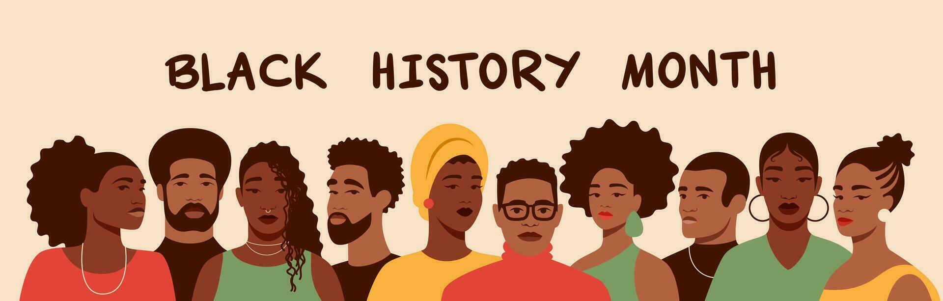 un' gruppo ritratto di nero le persone. africano americano uomini e donne. nero storia mese. cartone animato, piatto, vettore illustrazione
