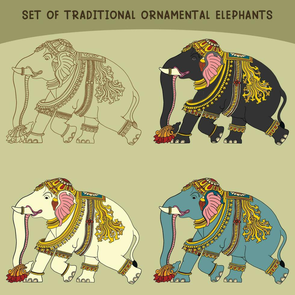 impostato di tradizionale ornamentale elefante design nel diverso colore e linea arte vettore