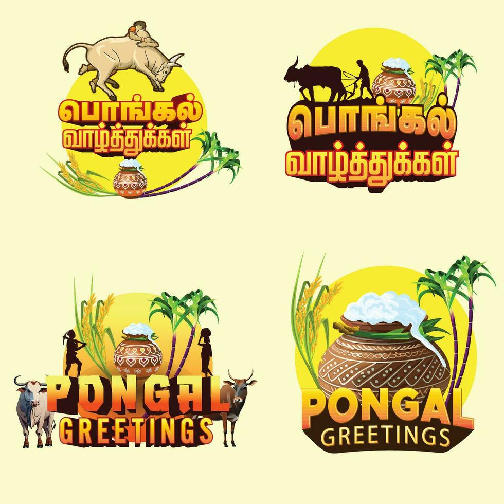 impostato di pongale saluti titoli nel tamil e inglese con festivo elementi vettore