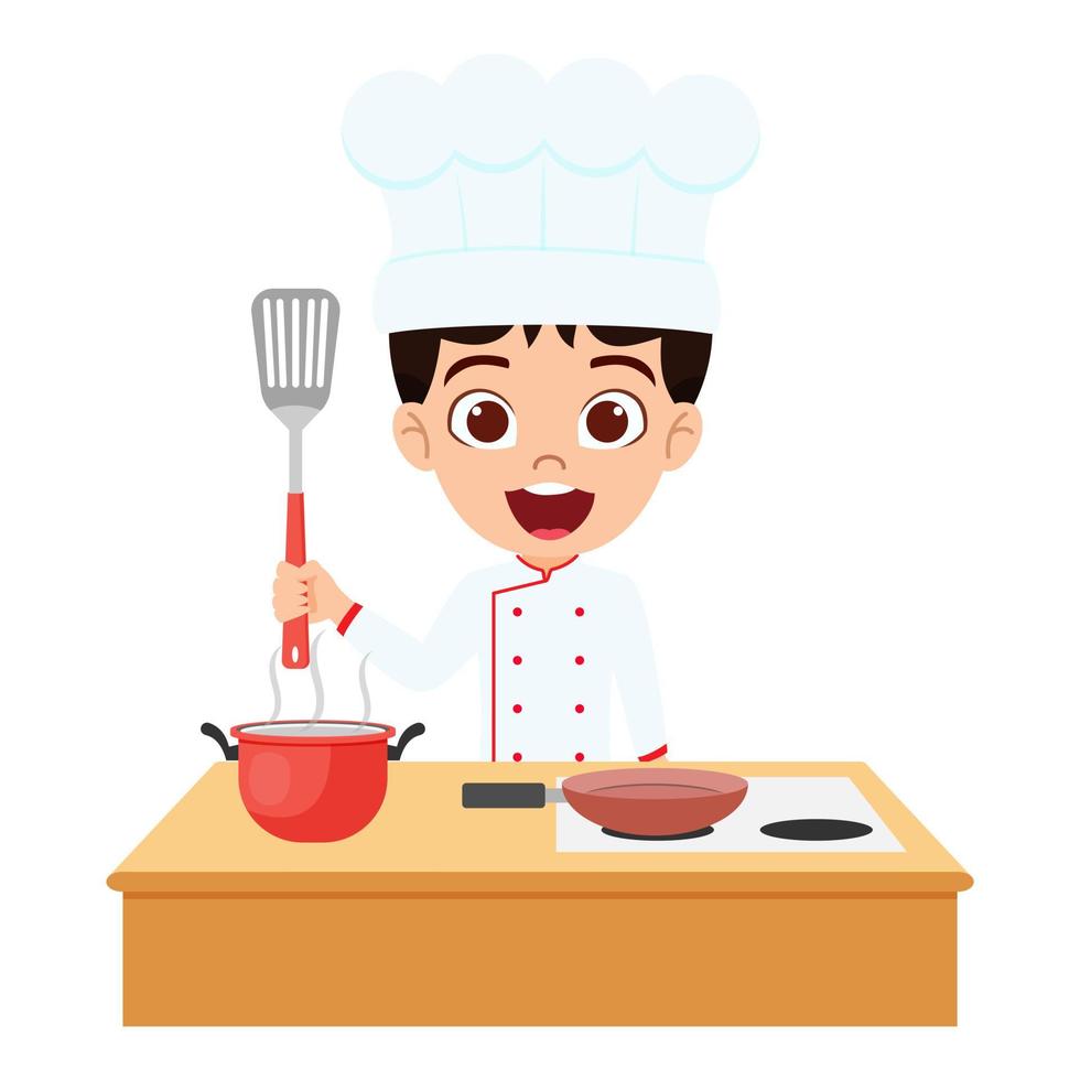 felice ragazzo carino ragazzo chef personaggio che indossa l'abito da chef in piedi e cucina con utensili e cucchiaio vettore
