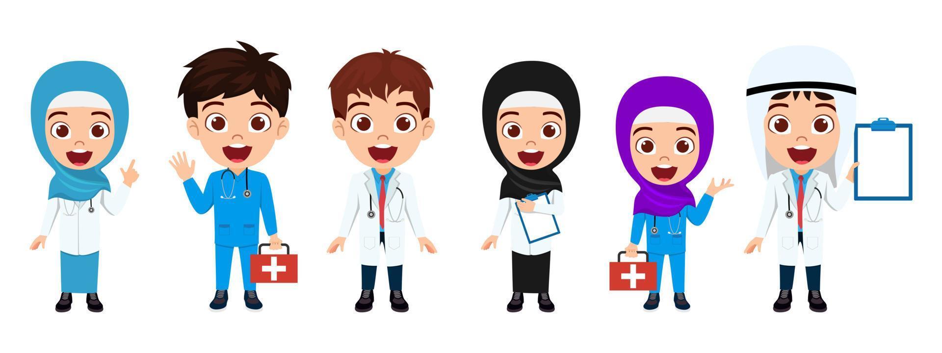 felice ragazzo carino ragazzo e ragazza dottore infermiere personaggio che indossa un abito da dottore e infermiera arabo musulmano in piedi con espressione allegra vettore