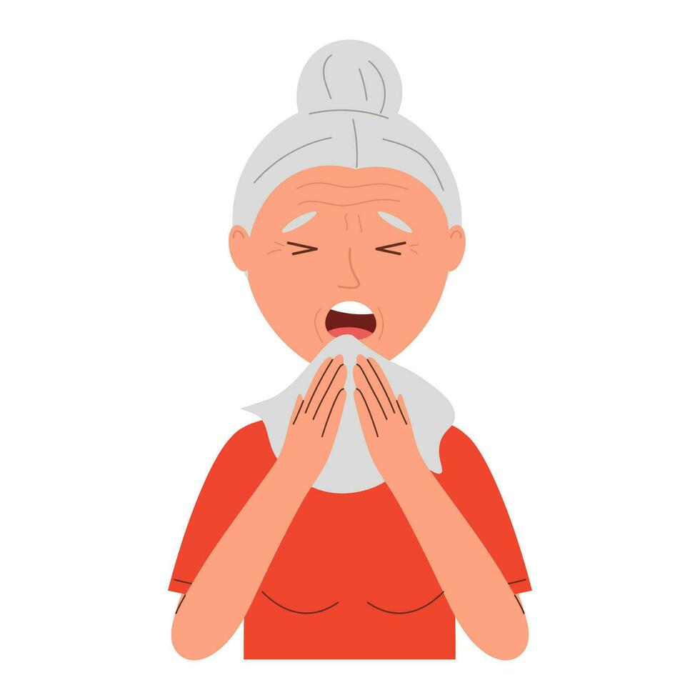 anziano donna starnutisce. influenza o freddo sintomi nel malato le persone. vettore illustrazione di malsano persona