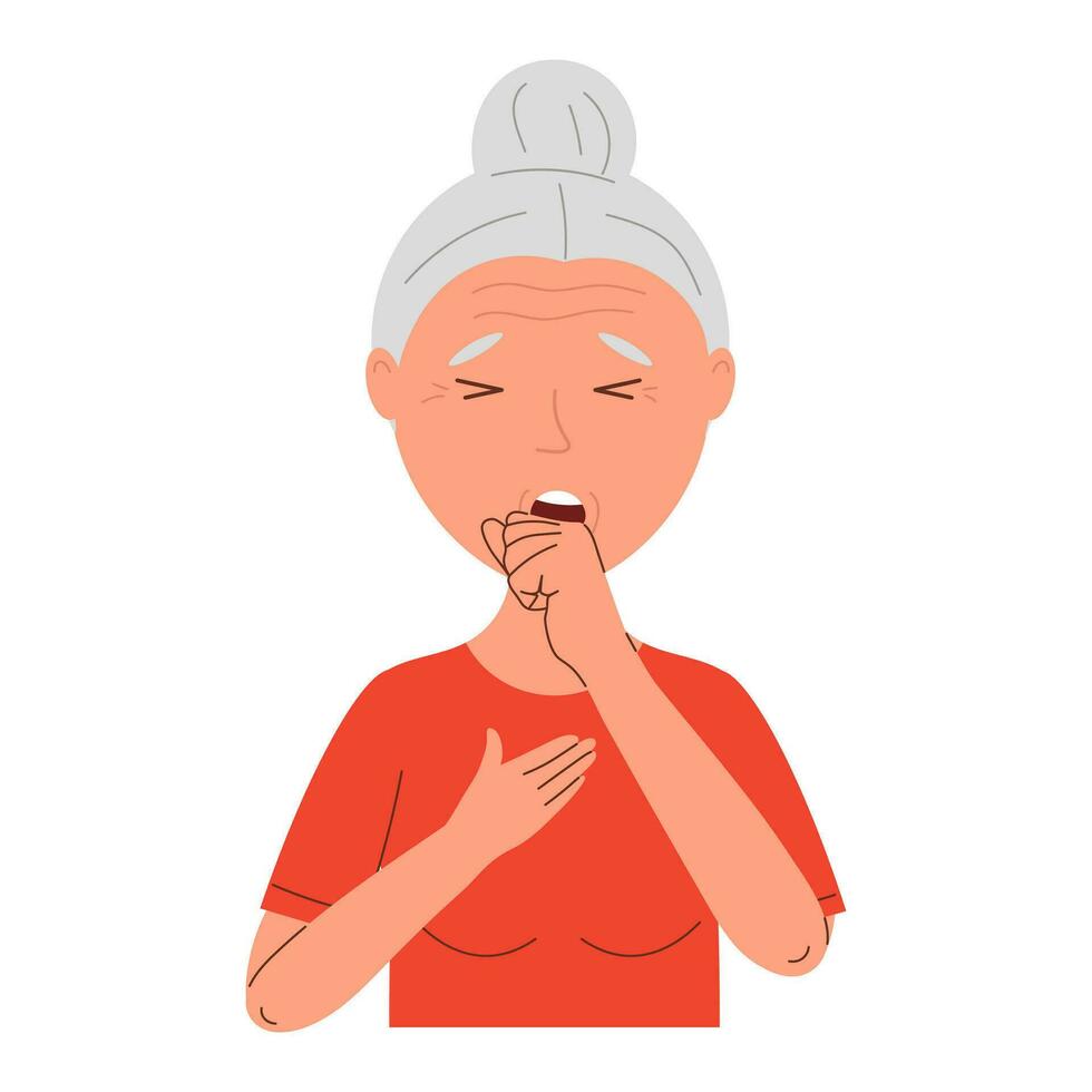 anziano donna tosse. influenza o freddo sintomi nel malato le persone. vettore illustrazione di malsano persona