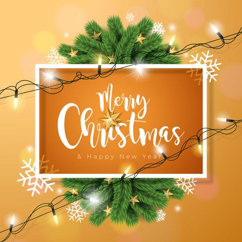 Illustrazione vettoriale di buon Natale su sfondo marrone con tipografia e Holiday Light Ghirlanda, ramo di pino, fiocchi di neve e palla ornamentale.