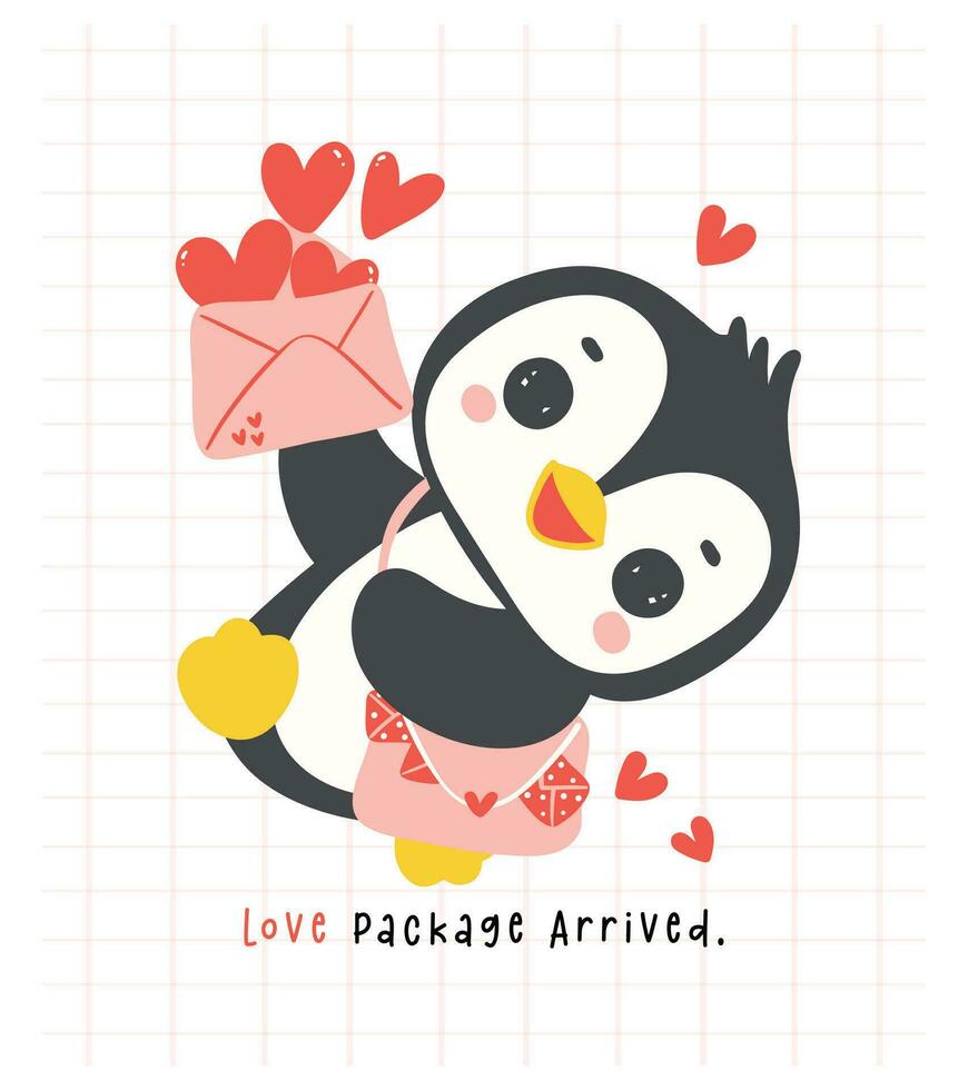 carino pinguino San Valentino consegna amore posta cartone animato disegno, kawaii animale personaggio illustrazione. vettore