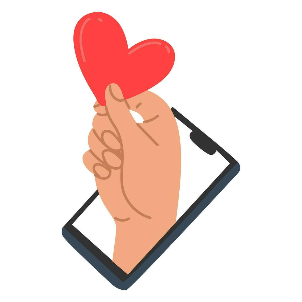 un' mano a partire dal il Telefono schermo dà un' cuore. regalo consegna, in linea ordinare, acquisti, mobile App concetto. vettore illustrazione, disegnato a mano. San Valentino giorno, compleanno, La madre di giorno