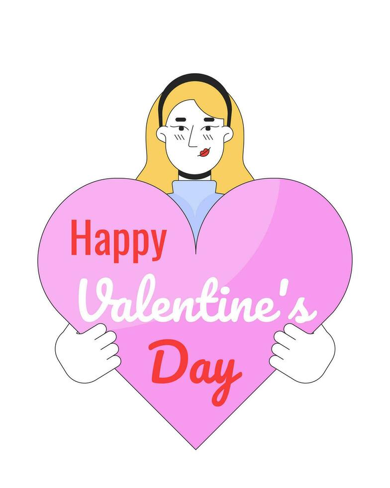 caucasico donna desiderando contento San Valentino giorno 2d lineare illustrazione concetto. bionda europeo ragazza cartone animato personaggio isolato su bianca. 14 febbraio romantico metafora astratto piatto vettore schema grafico