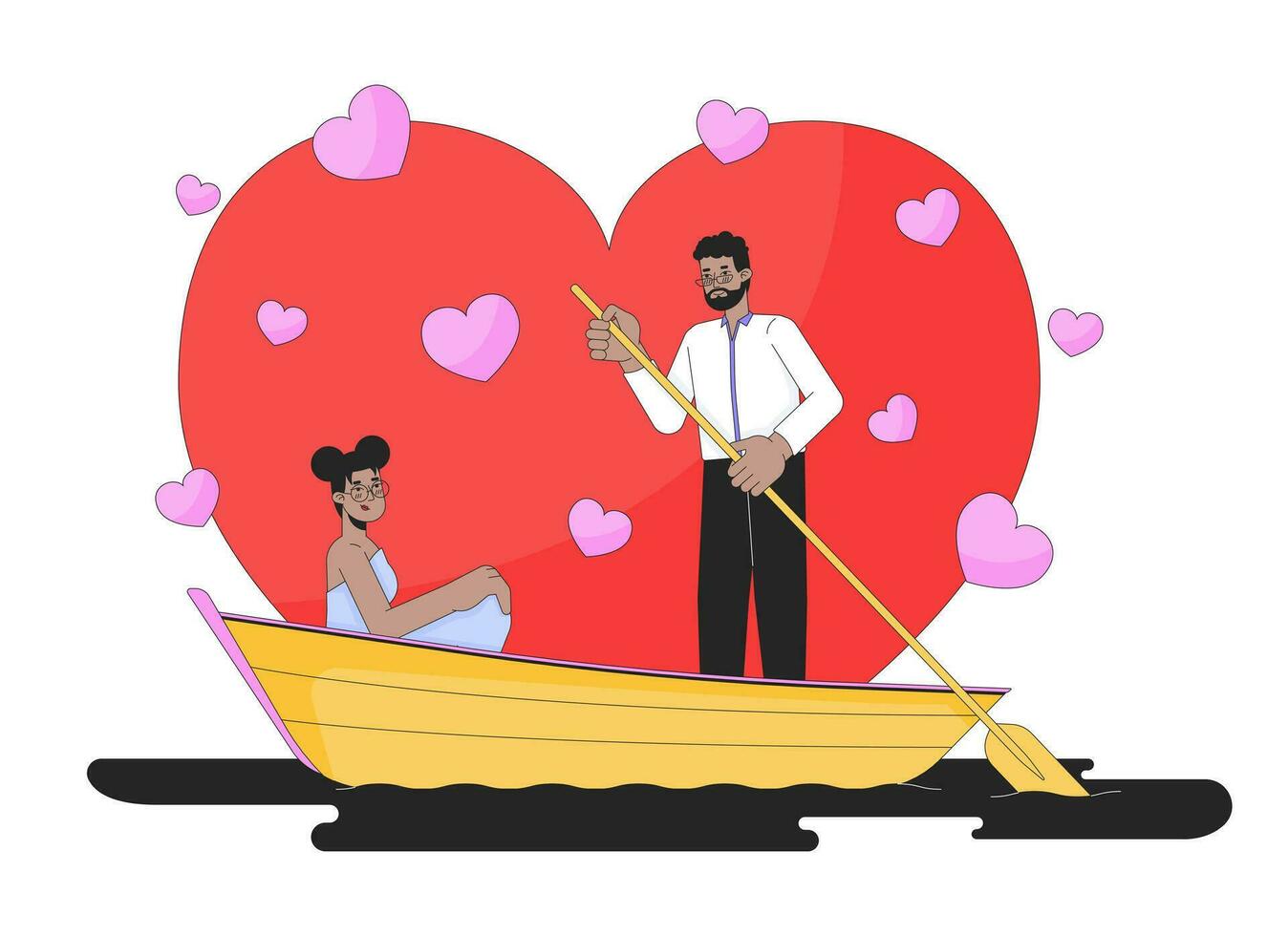 san valentino giorno su acqua 2d lineare illustrazione concetto. africano americano eterosessuale coppia cartone animato personaggi isolato su bianca. nero uomo canottaggio pagaia metafora astratto piatto vettore schema grafico